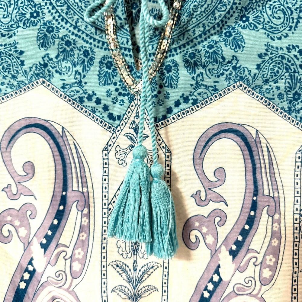 Chicos Womens Blue Paisley Cotton Tunic Top Sequin V-Neck Tassel Size 1 Medium - Picture 4 of 15